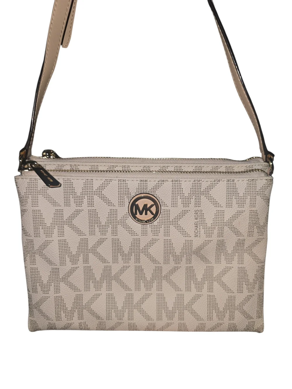 Michael Kors Jet Set Double-Zip Beige Logo Crossbody with Pale Tan Strap